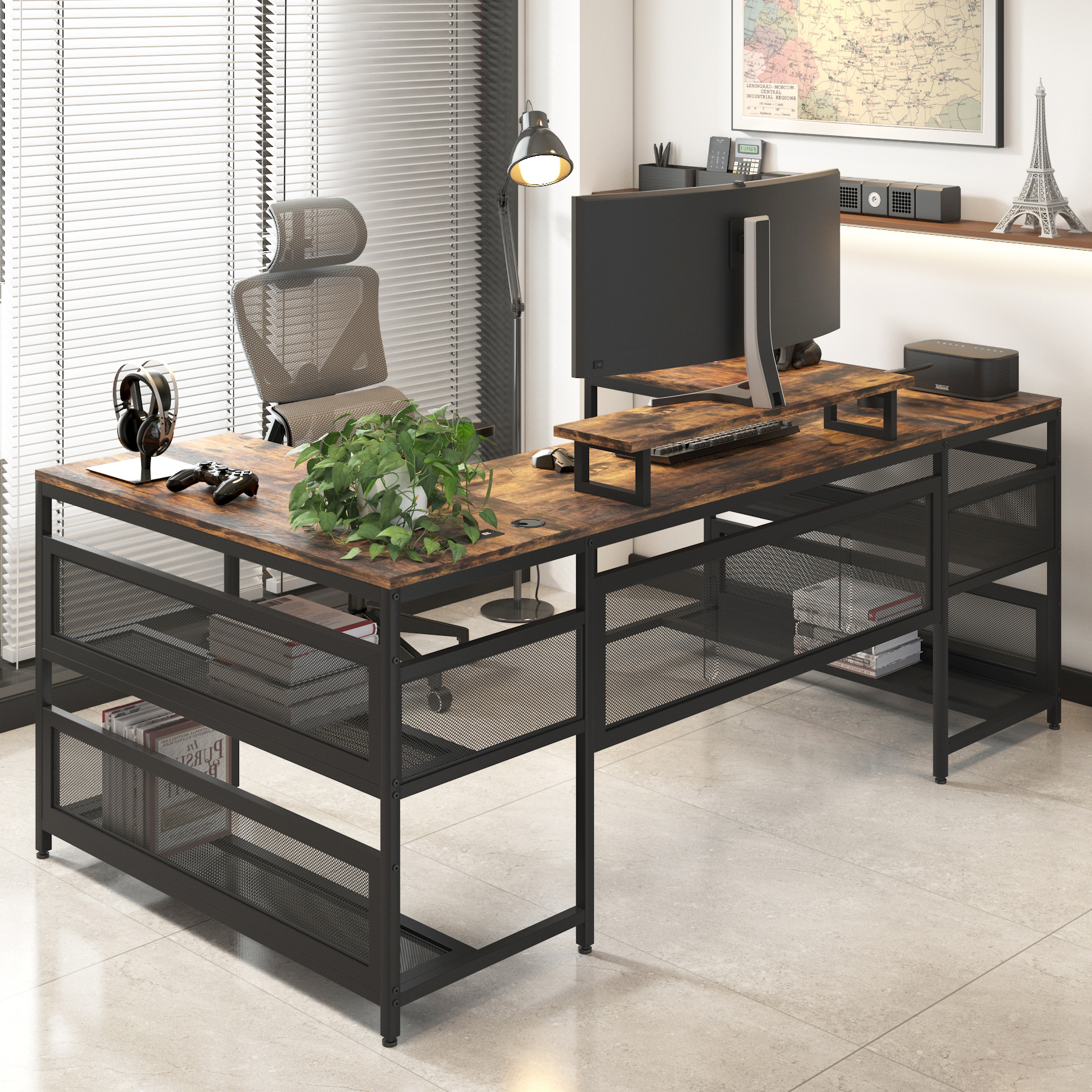 U Shaped Desk With Power Outlets & LED Strip & Monitor Stand, L Shaped Desk With Storage Shelf, Home Office Gaming Desk, Vintage - Image 5