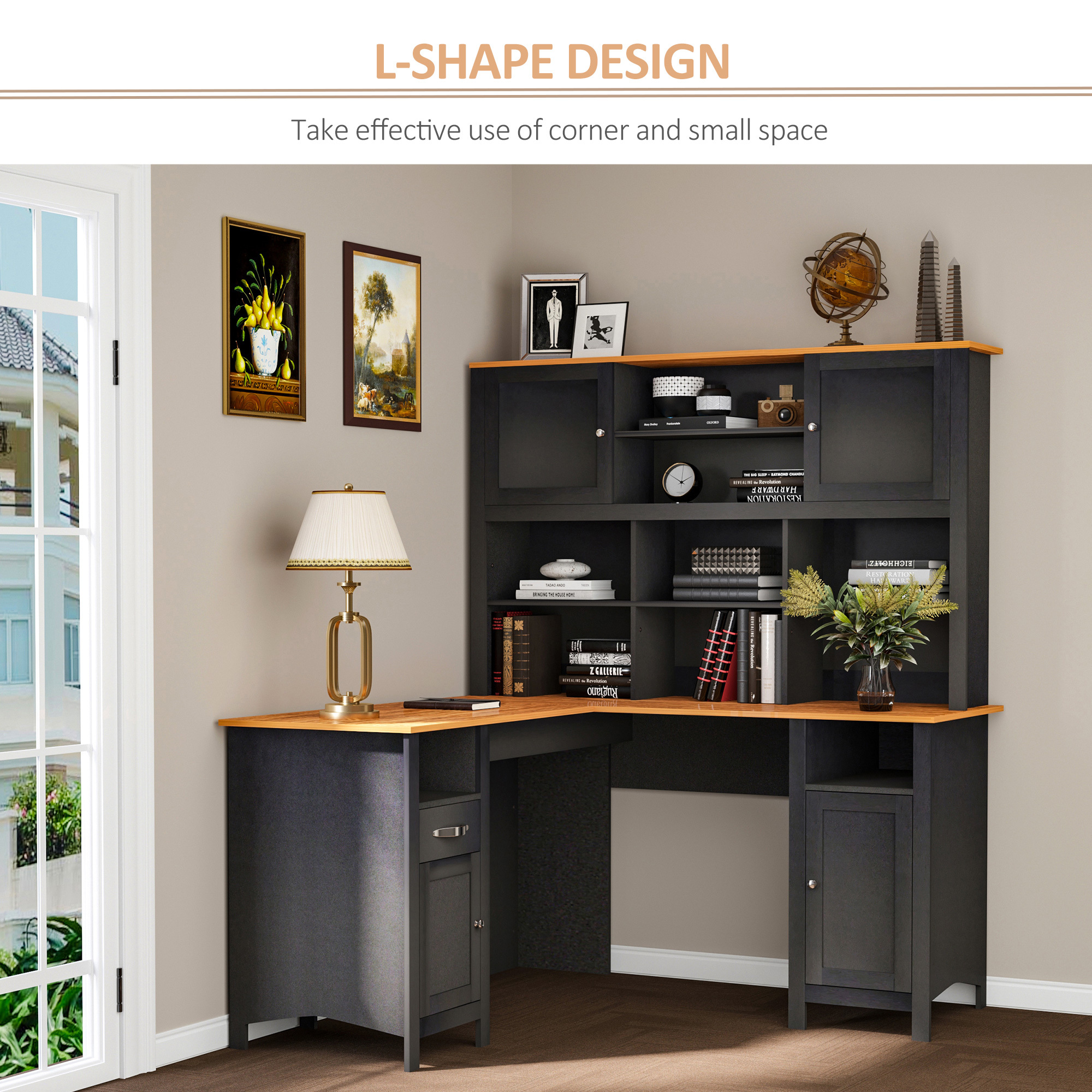 L Shaped Computer Desk with Hutch, 59" Corner Desk, Space Saving Home Office Desk with Storage Shelves, Drawer and Cabinet, Black - Image 6