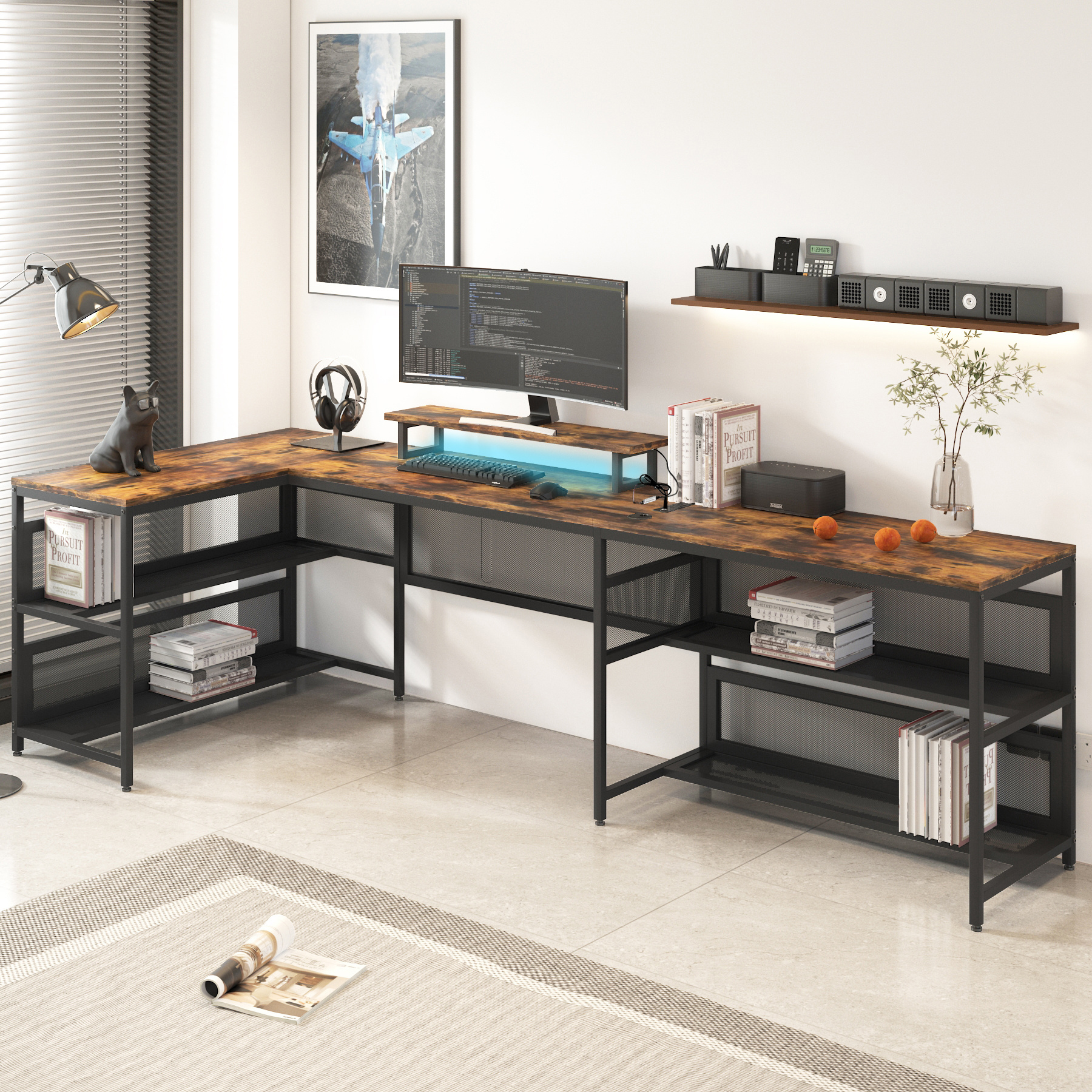 U Shaped Desk With Power Outlets & LED Strip & Monitor Stand, L Shaped Desk With Storage Shelf, Home Office Gaming Desk, Vintage