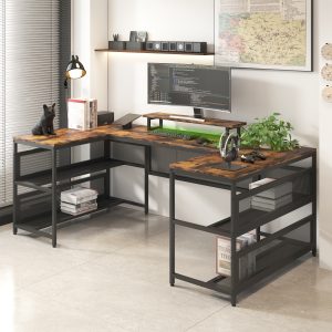 U Shaped Desk With Power Outlets & LED Strip & Monitor Stand, L Shaped Desk With Storage Shelf, Home Office Gaming Desk, Vintage