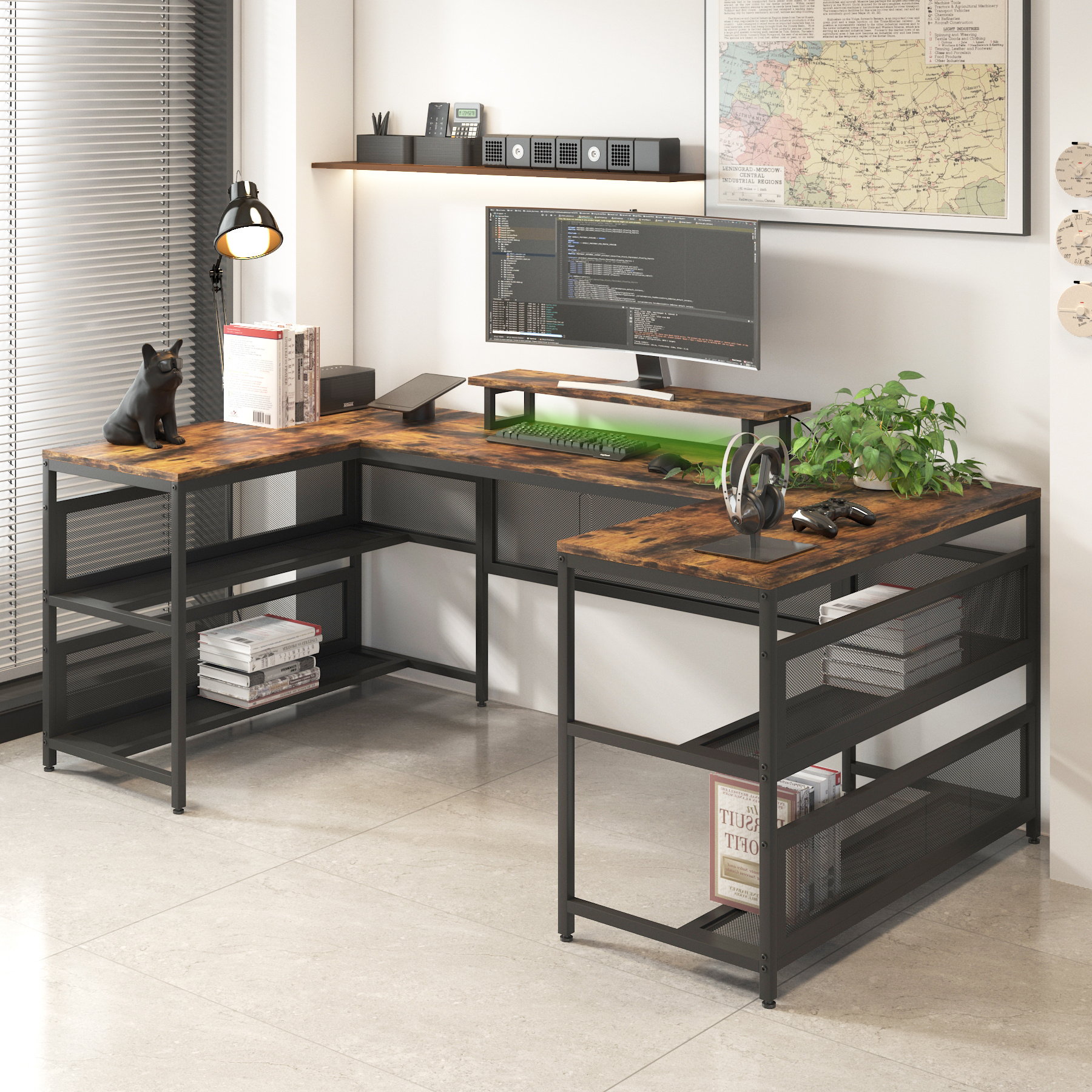 U Shaped Desk With Power Outlets & LED Strip & Monitor Stand, L Shaped Desk With Storage Shelf, Home Office Gaming Desk, Vintage