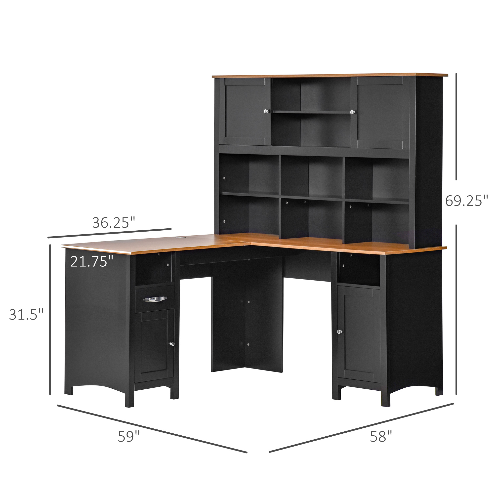 L Shaped Computer Desk with Hutch, 59" Corner Desk, Space Saving Home Office Desk with Storage Shelves, Drawer and Cabinet, Black - Image 3