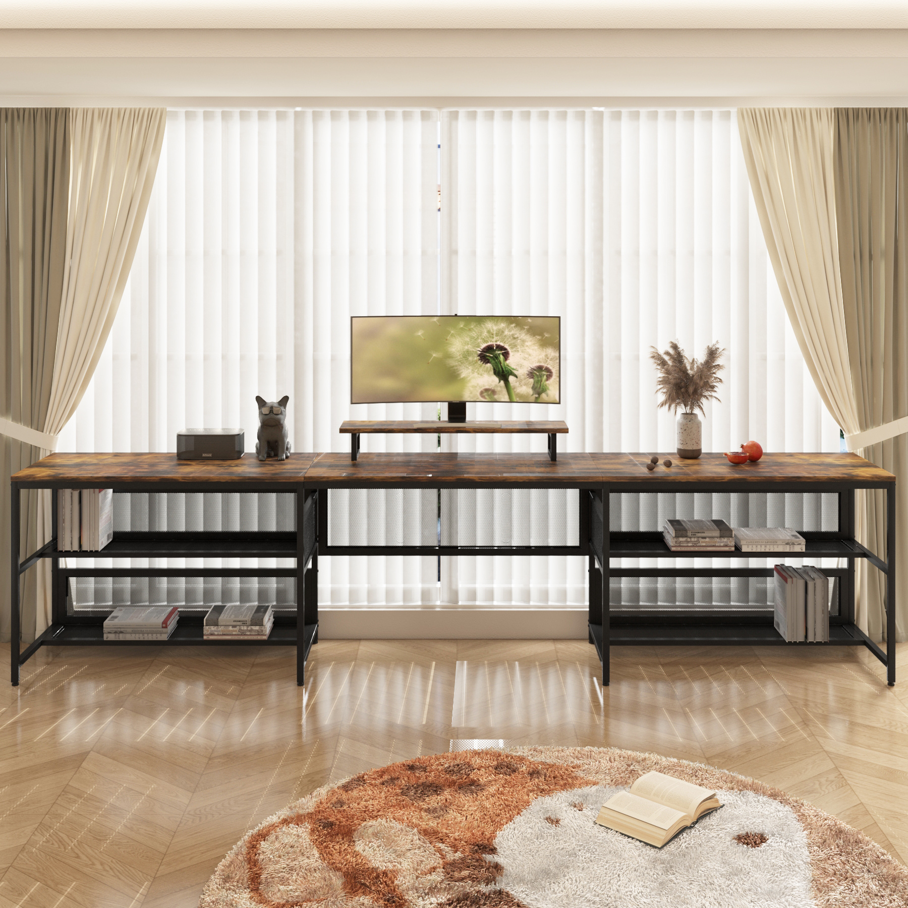 U Shaped Desk With Power Outlets & LED Strip & Monitor Stand, L Shaped Desk With Storage Shelf, Home Office Gaming Desk, Vintage - Image 4