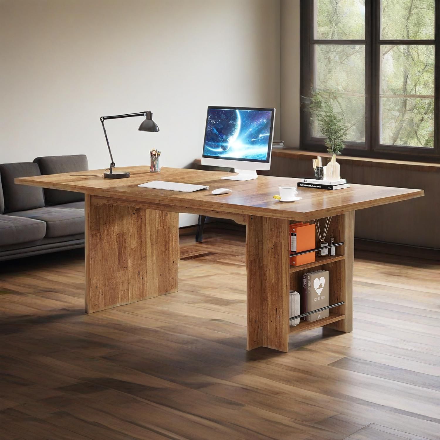 62.99-Inch Computer Desk, Modern Executive Office Desk, Large Long Writing Table With Storage Shelves - Image 4