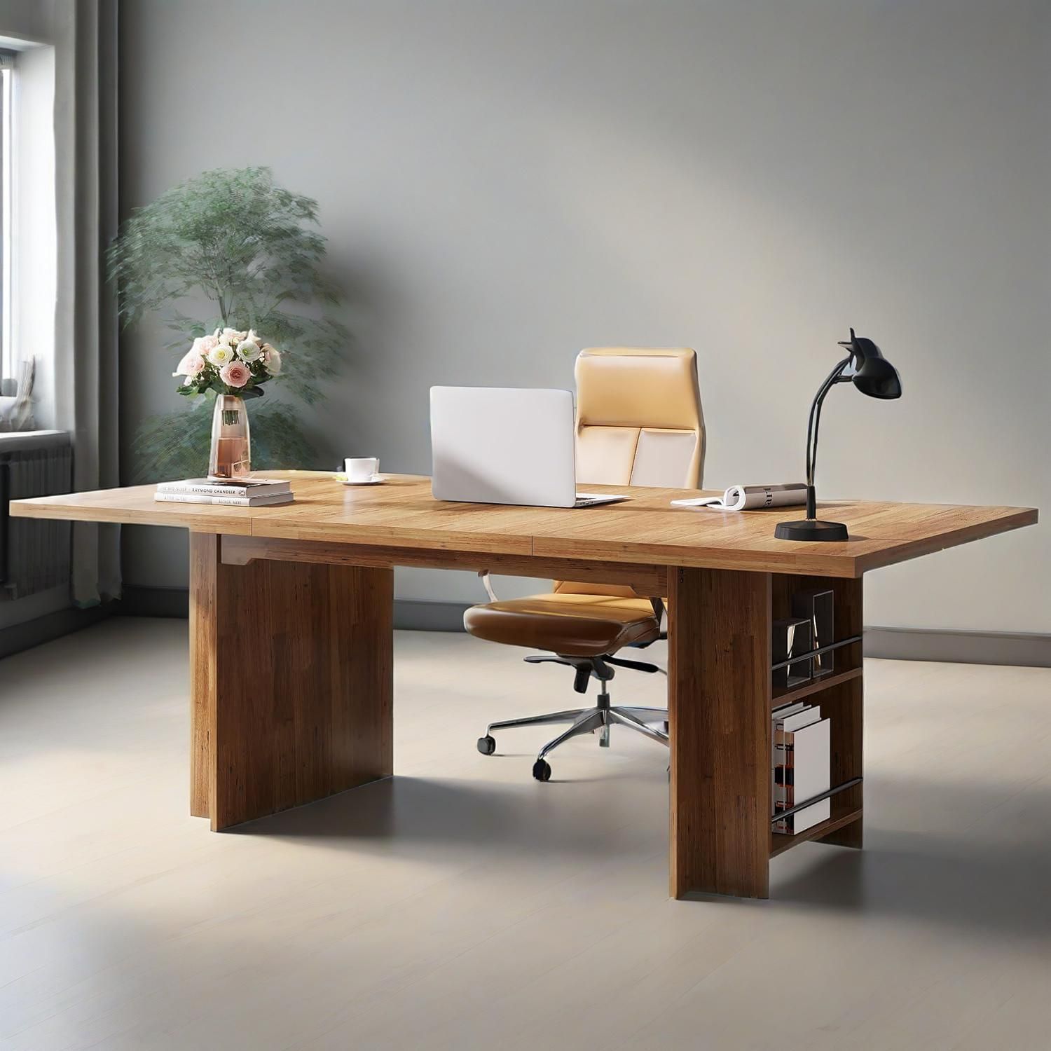 62.99-Inch Computer Desk, Modern Executive Office Desk, Large Long Writing Table With Storage Shelves - Image 5
