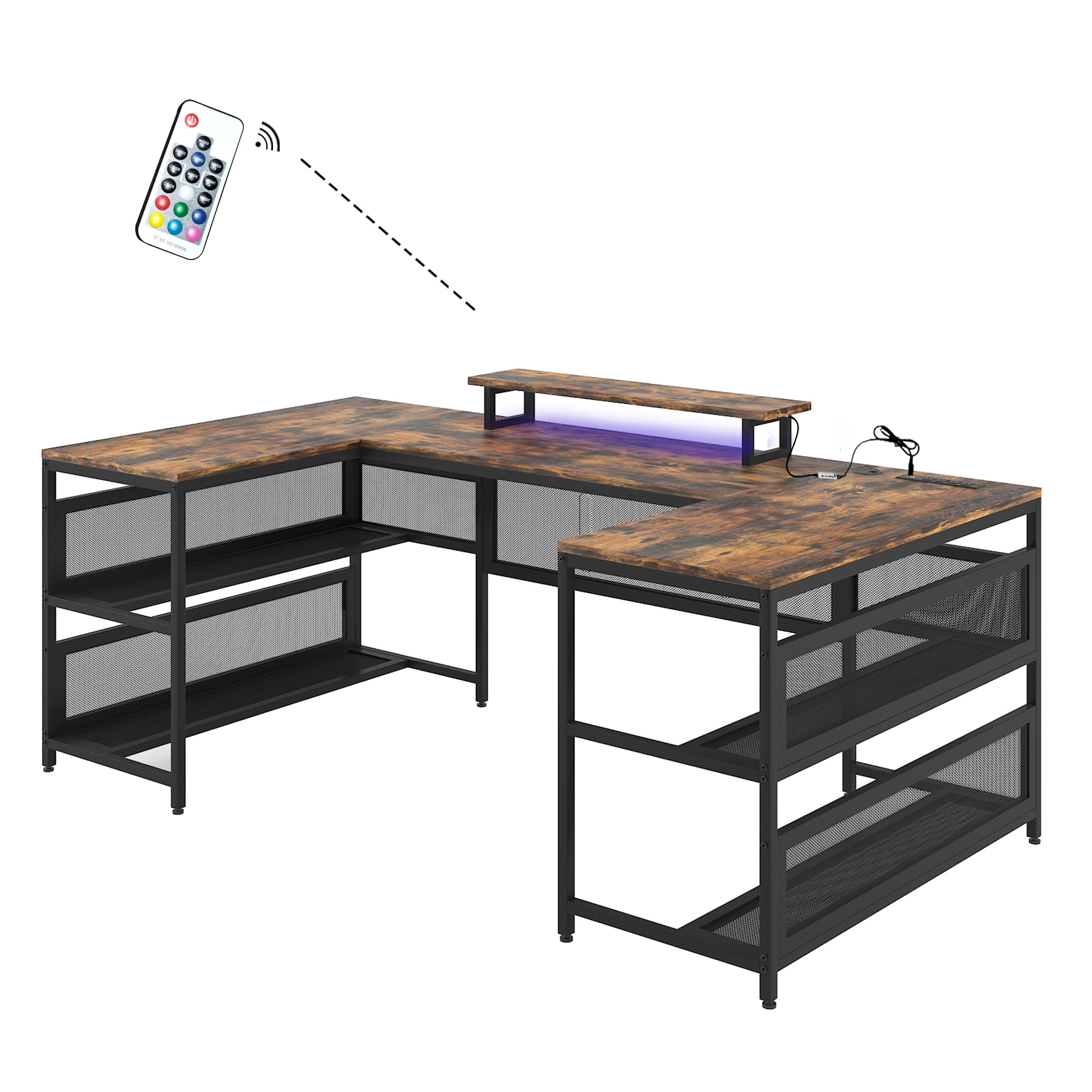 U Shaped Desk With Power Outlets & LED Strip & Monitor Stand, L Shaped Desk With Storage Shelf, Home Office Gaming Desk, Vintage - Image 3
