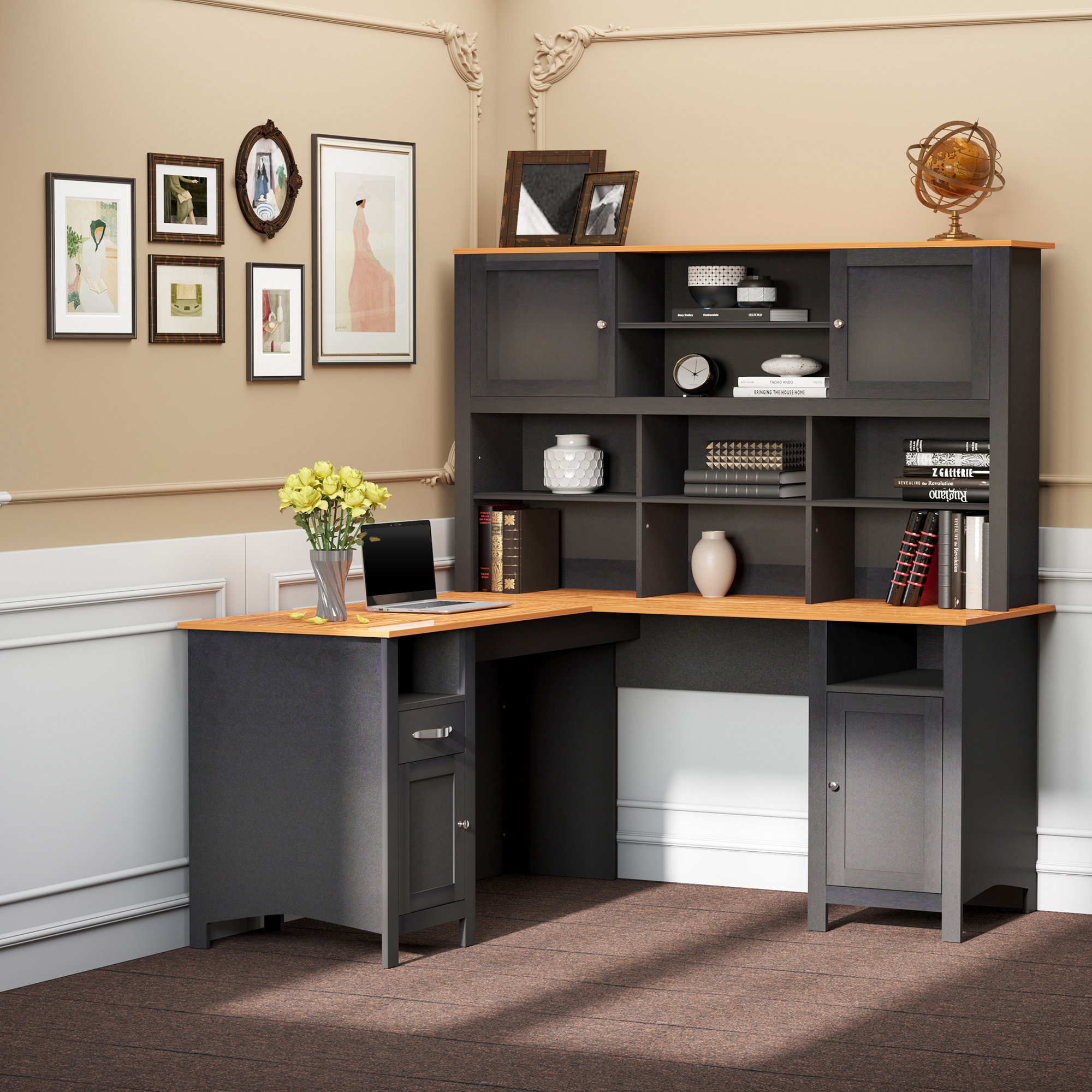 L Shaped Computer Desk with Hutch, 59" Corner Desk, Space Saving Home Office Desk with Storage Shelves, Drawer and Cabinet, Black - Image 7
