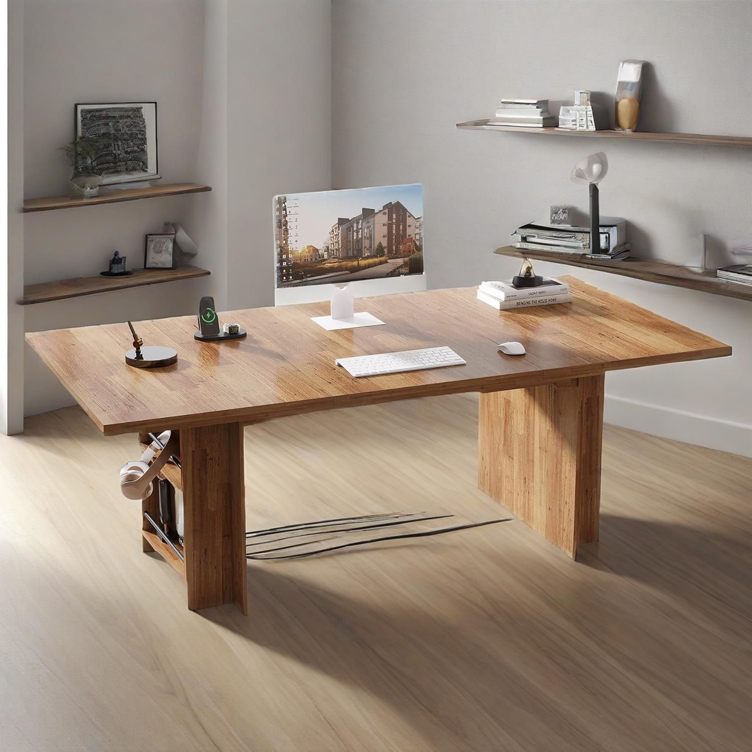62.99-Inch Computer Desk, Modern Executive Office Desk, Large Long Writing Table With Storage Shelves - Image 3