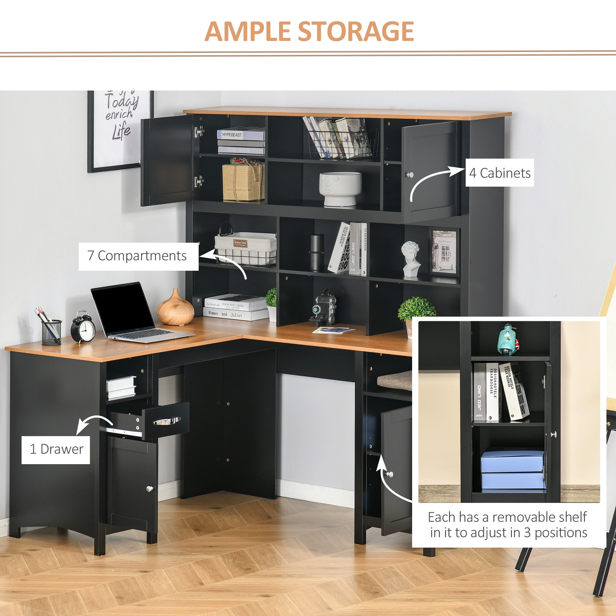L Shaped Computer Desk with Hutch, 59" Corner Desk, Space Saving Home Office Desk with Storage Shelves, Drawer and Cabinet, Black - Image 8