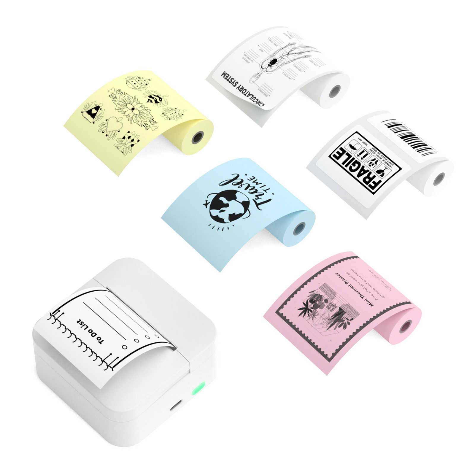 Bluetooth Thermal Label Printer 57mm Instant Sticker Printer For IOS For Android Wireless Connect Support Memo Notes Lists Scrapbook DIY Journal Pictures Includes 6 Thermal Paper 5 Sticker Rolls